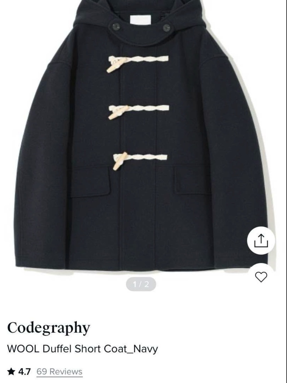 Korean Navy Wool Duffel Short Coat